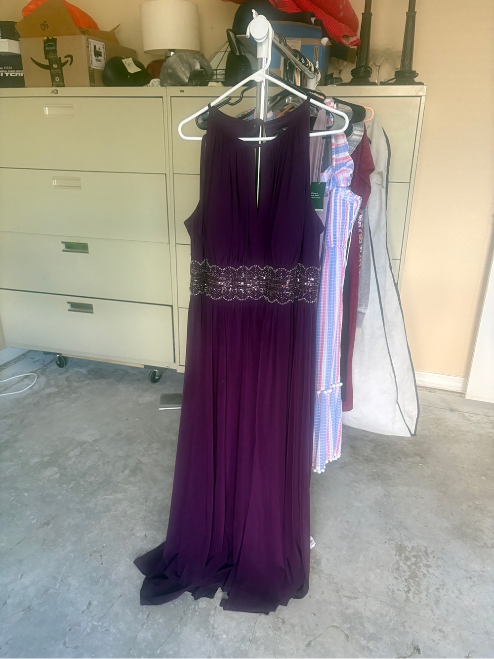R&M Richards Deep Purple Beaded Waist Coctail Dress
